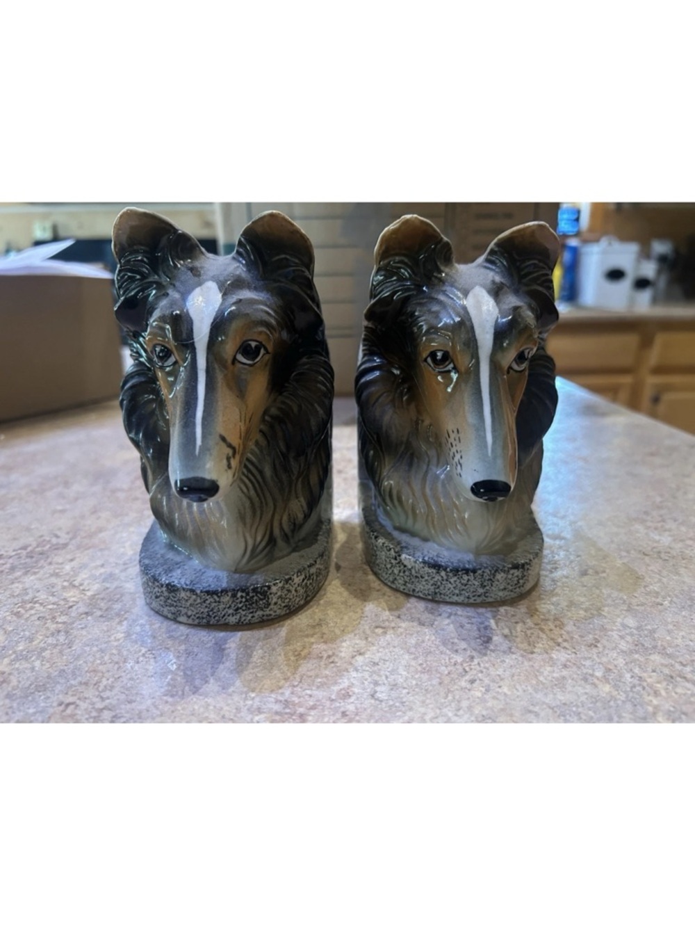 Vintage Collie Dog Head Bookends - Pair in Brown and Cream-no chips cracks EUC - Picture 11 of 13